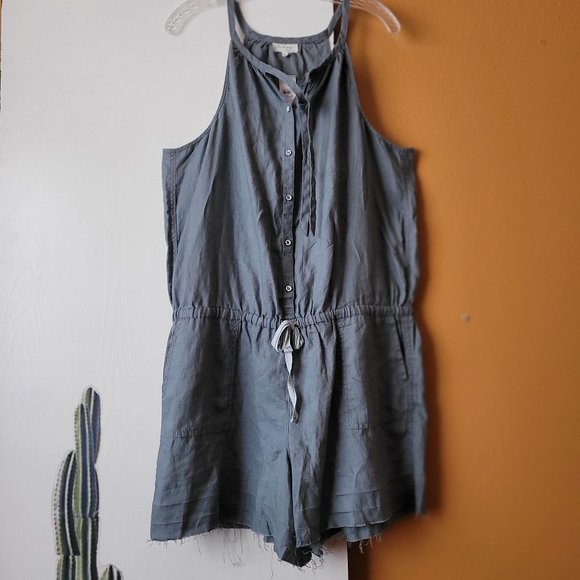 Lou & Grey Drawstring Linen Button Down Romper Overalls Size L - Picture 5 of 14